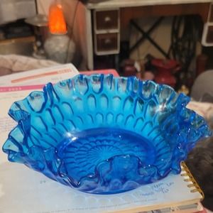 Vintage Fenton colonial blue thumbprint bowl